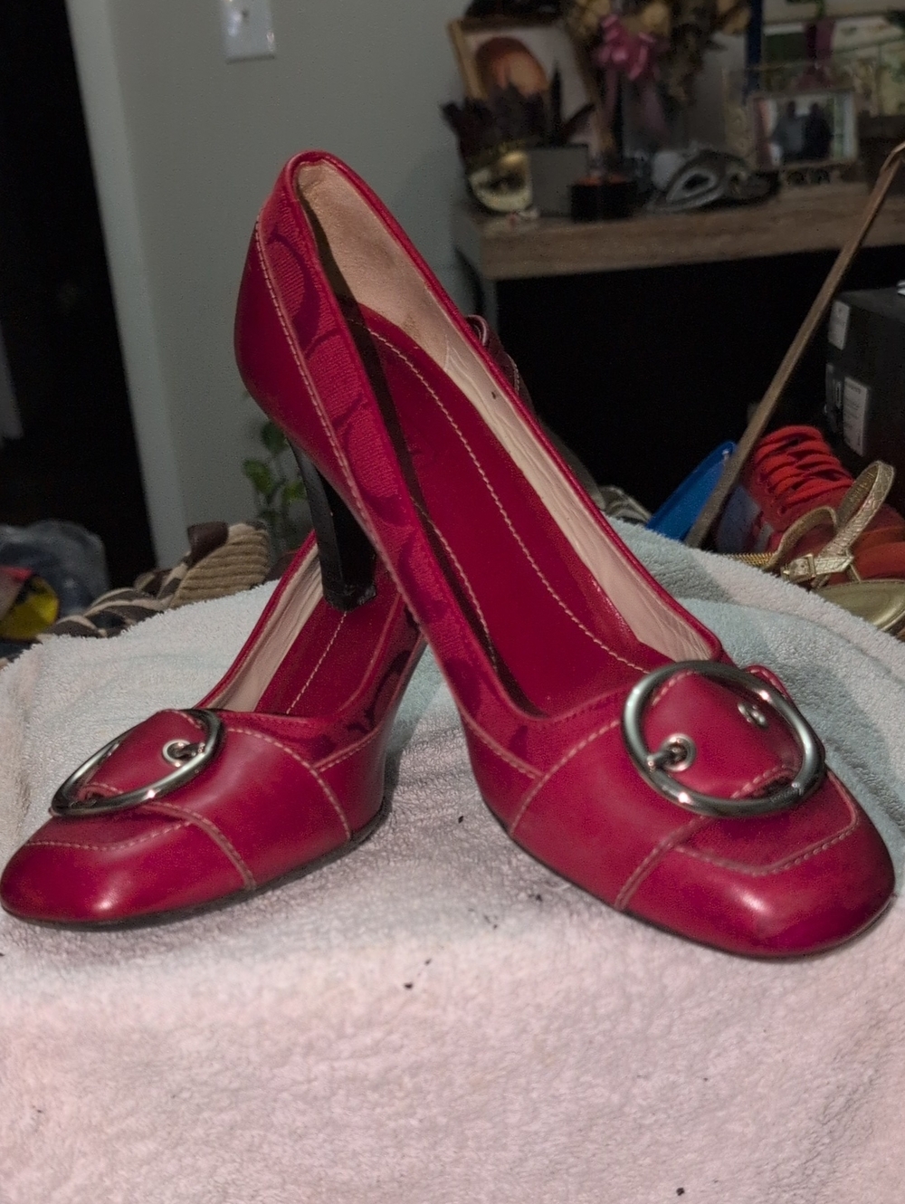 Coach Red Leather Buckle High Heel Pumps